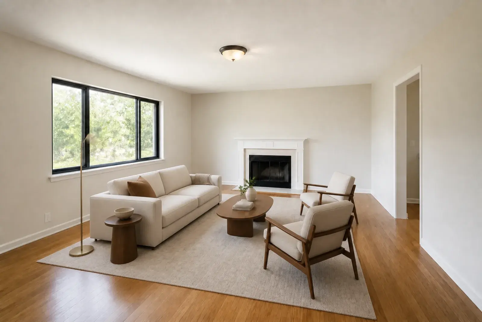 Warm-modern living-room virtual staging: After — virtually staged draft