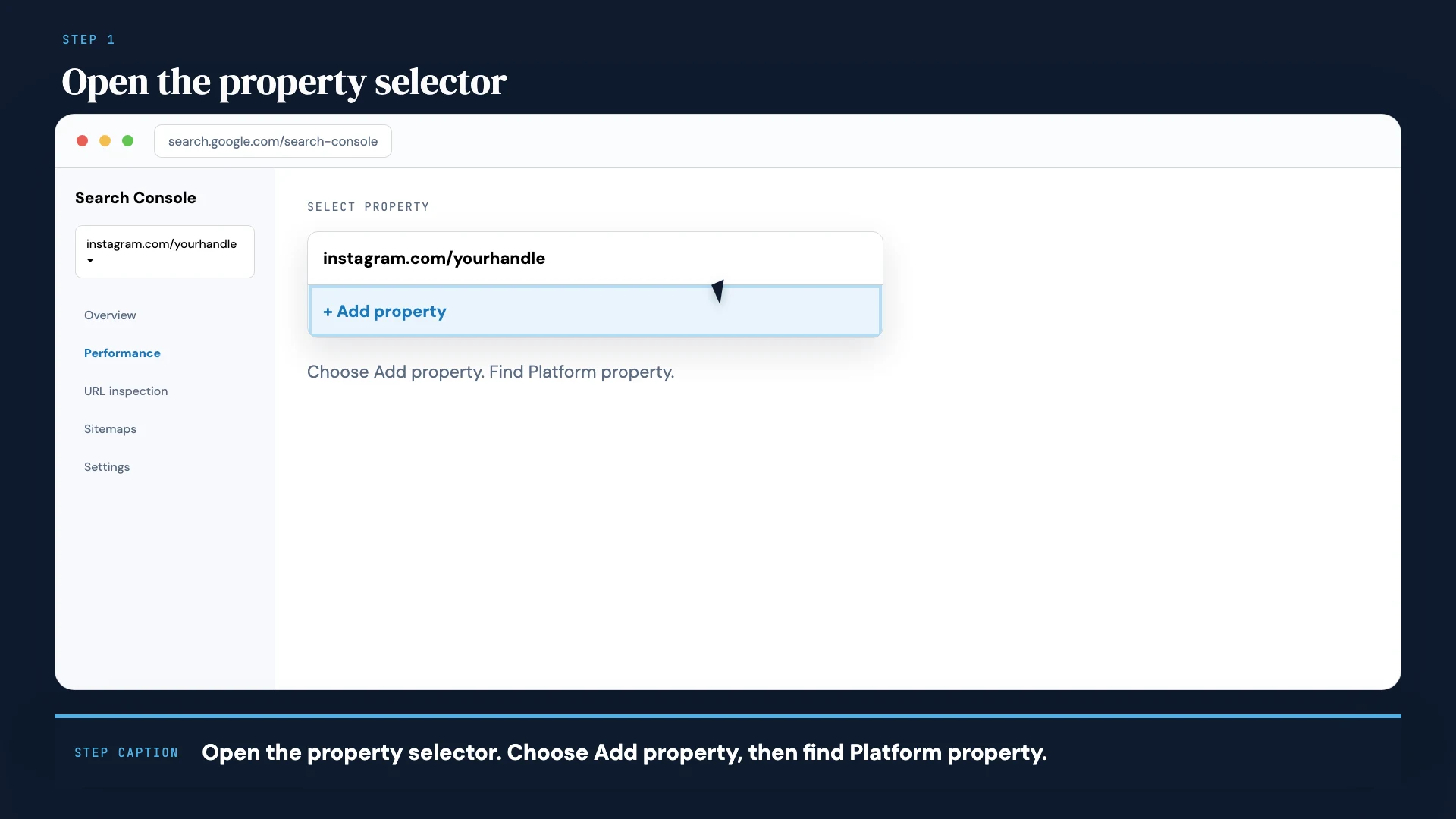 Social · Step 1: Open Add property. Use the same property selector and find the Platform property options.