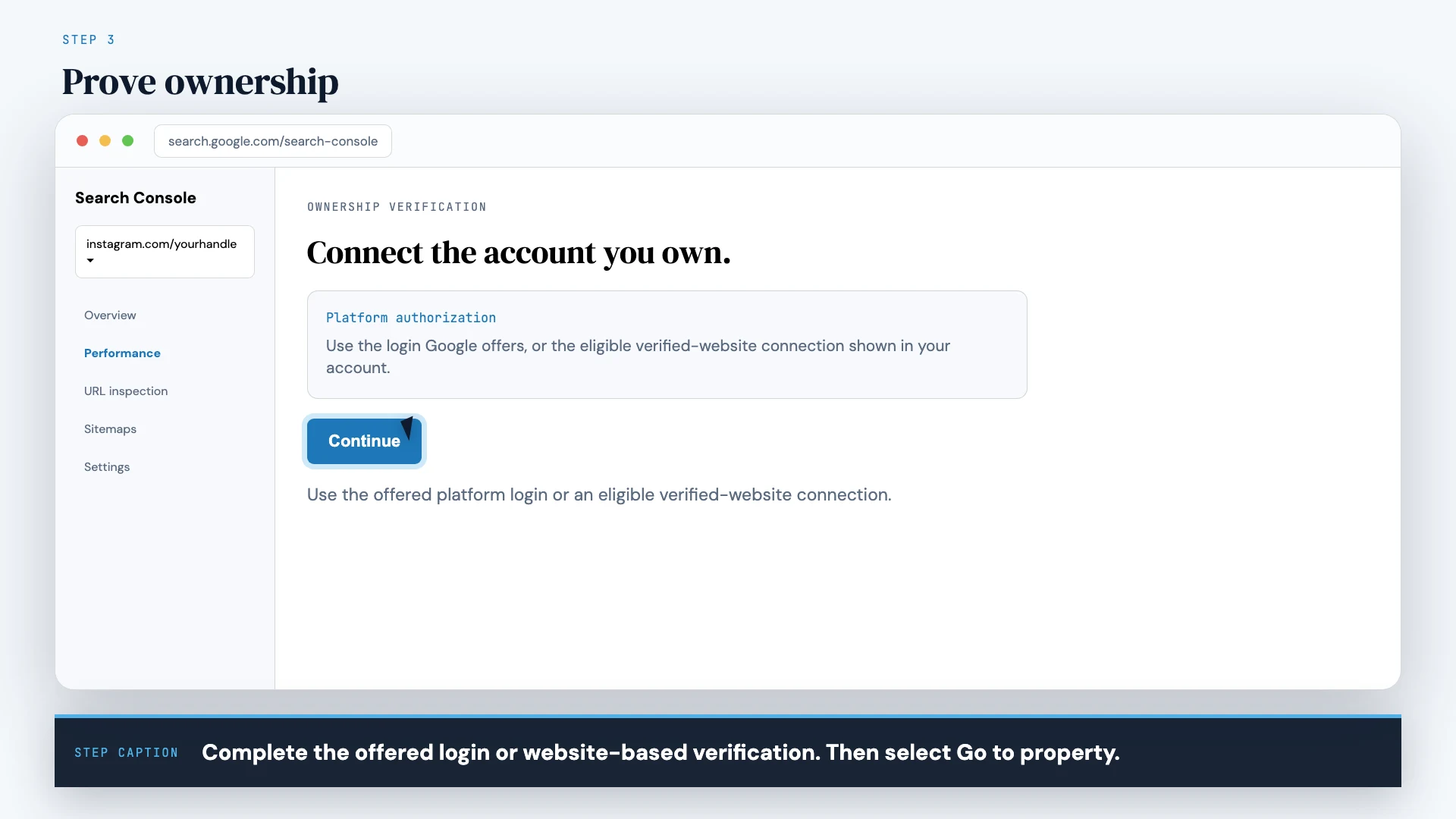 Social · Step 3: Prove ownership. Complete the offered login or eligible website connection, then select Go to property.