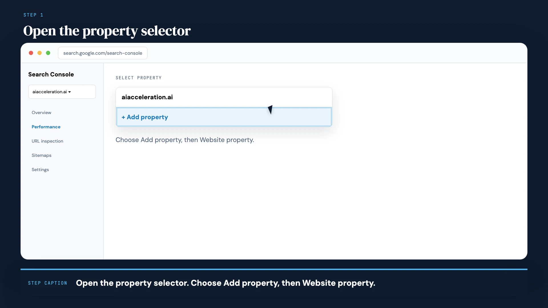Website · Step 1: Open Add property. Use the property selector. Choose Add property, then Website property.