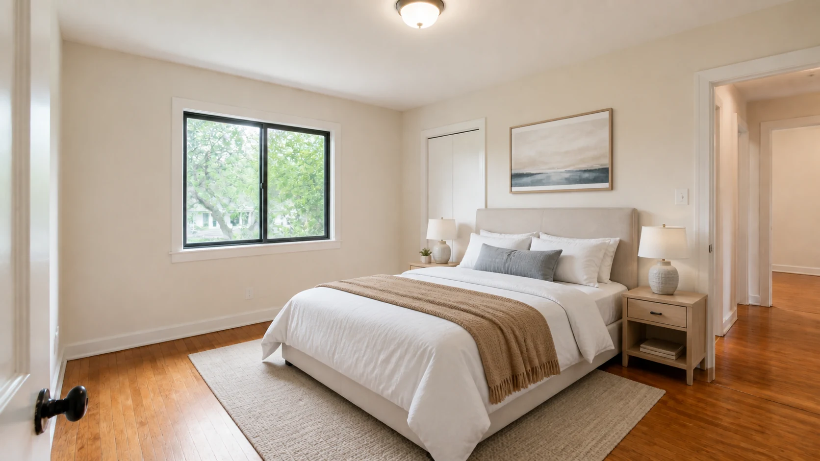 Original and staged primary-bedroom comparison: After — virtually staged draft