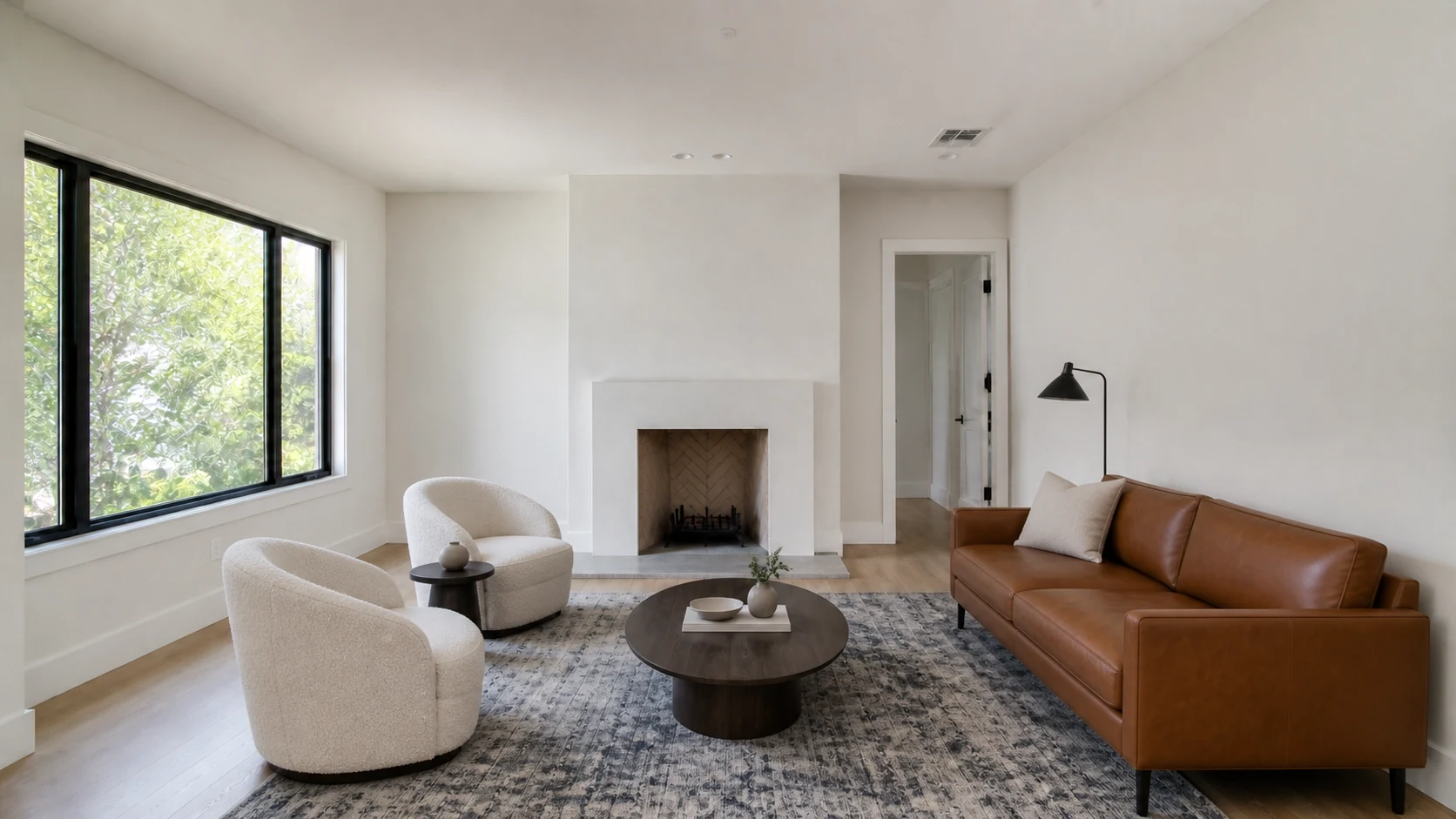Controlled living-room edit: After — virtually staged draft