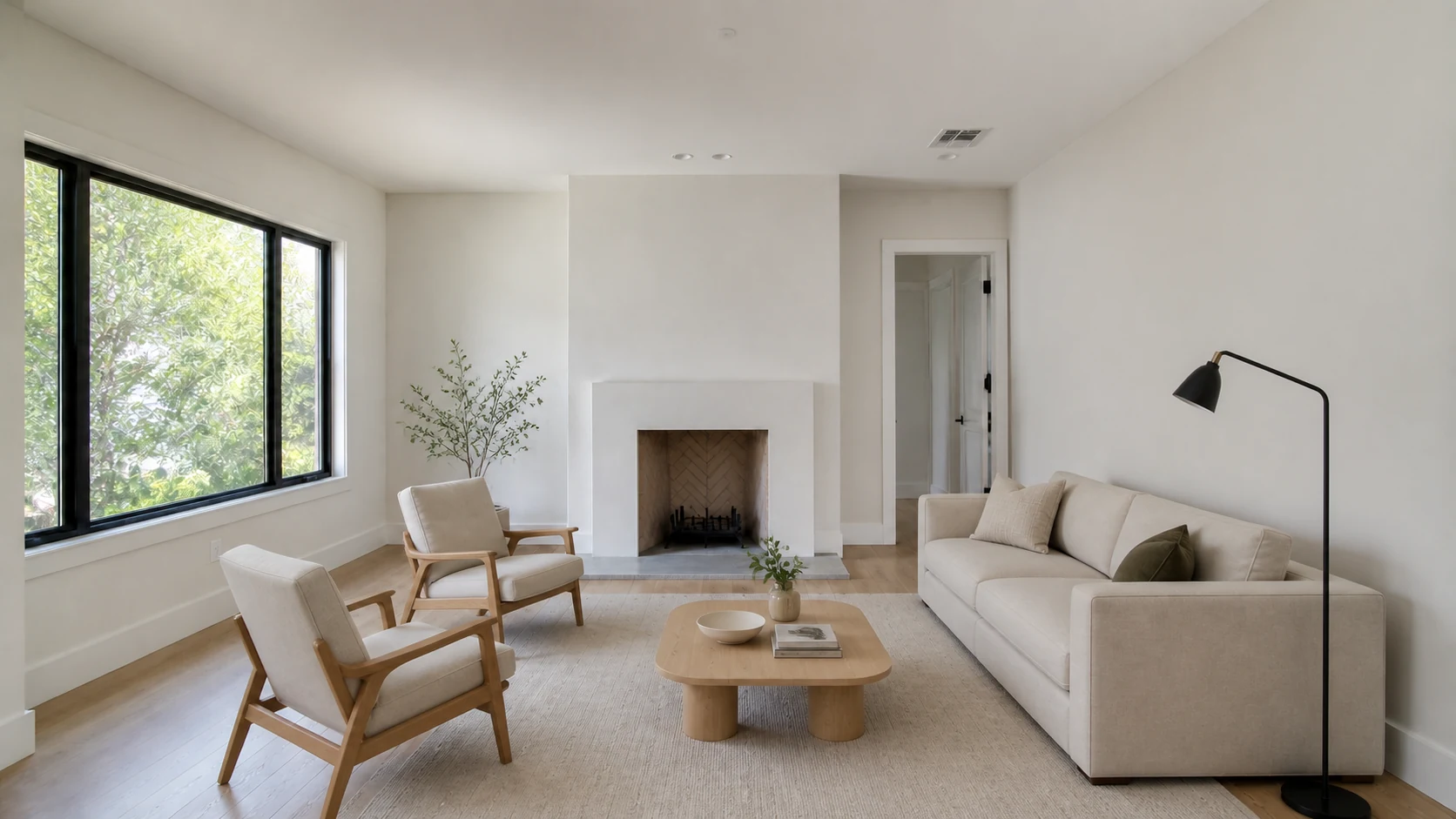 Warm-contemporary living-room virtual staging: After — virtually staged draft